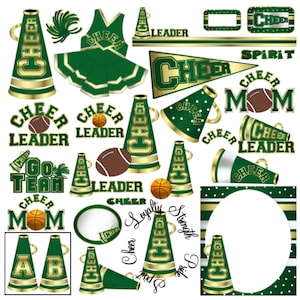 Cheer clip art, MORE COLORS green gold cheerleader clipart, cheerleading graphics, cheer clipart, megaphone clip art cheer party fundraisers