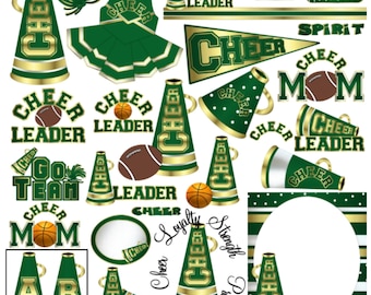 Cheer clip art, MORE COLORS green gold cheerleader clipart, cheerleading graphics, cheer clipart, megaphone clip art cheer party fundraisers