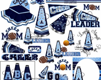 Cheer Clipart VIELE FARBEN, 50+ Grafiken, hellblaue Cheerleader Clipart, Cheerleader Party ClipArt, Pom Poms, Megaphon Clipart