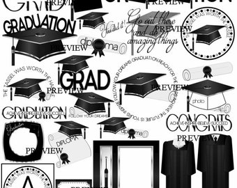 School Graduation clipart, MORE COLORS, Black Silver clip art, grad cap and gown graphics, diploma clipart, graduate, college, high school