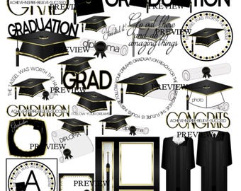 Graduation clip art, MORE COLORS, Black Gold clipart, graduation cap and gown graphics, diploma clipart, graduate, grad, tassel designs