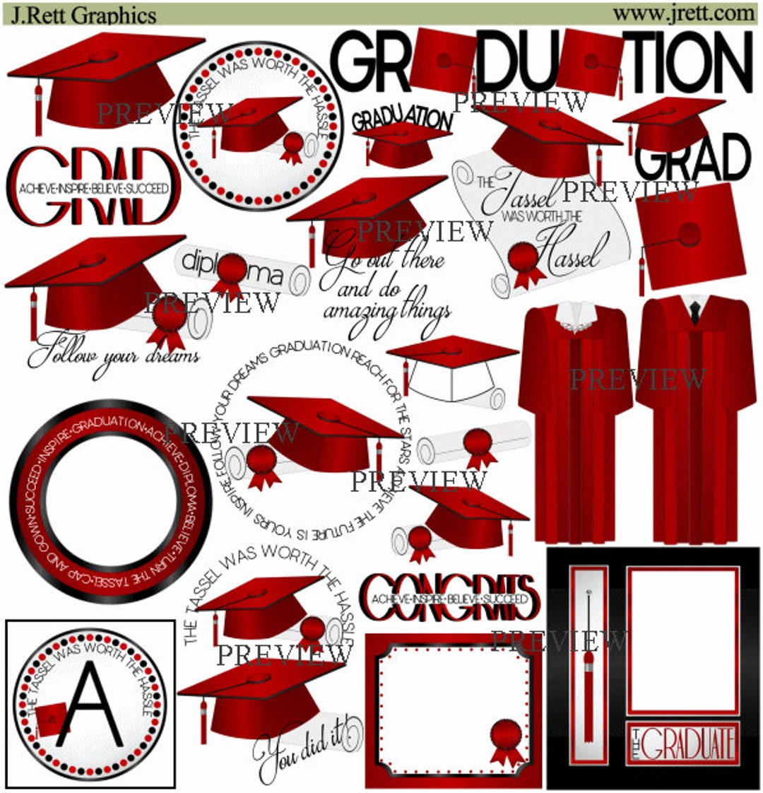 Graduation Clip Art, MORE COLORS, Red Black Clipart, Graduation Cap and