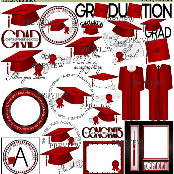 Graduation clip art, MORE COLORS, Red Black clipart, graduation cap and gown graphics, diploma clipart, graduate, grad, tassel designs 02