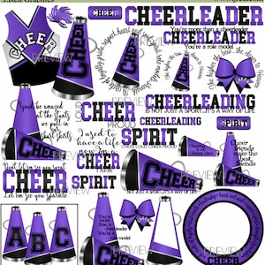 Cheer clipart, MORE COLORS, 50+ graphics, purple black cheer clipart, cheerleading, cheerleader party clip art, pom poms, megaphone clipart