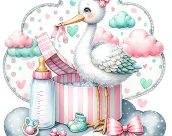 PNG 300 dpi Pretty stork with a gift, baby bottle, booties Baby shower pink for baby girl. Can be used to decorate large and small projects.