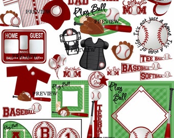 Baseball clip art, MORE COLORS, red baseball clipart, softball clip art, tee ball clipart, baseball cap clip art, umpire clipart, party, bat