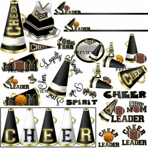 Black Cheer clip art, MORE COLORS, black gold, cheerleader clip art, cheerleading graphics, cheer birthday clipart, cheer clip art, pom poms