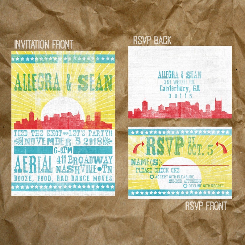 Concert Poster Woodblock Print Inspired Wedding Invitation Set Party Nashville