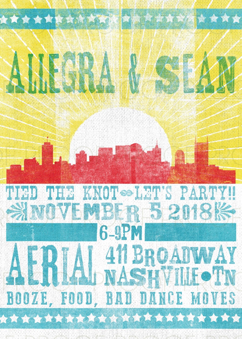 Concert Poster Woodblock Print Inspired Wedding Invitation Set Party Nashville