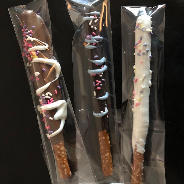 2 x 10" Crystal Resealable Clear Plastic, Single Pretzel Rods, Cello Poly Candy Favor Bags, Treat Bags, chocolate pretzel rods