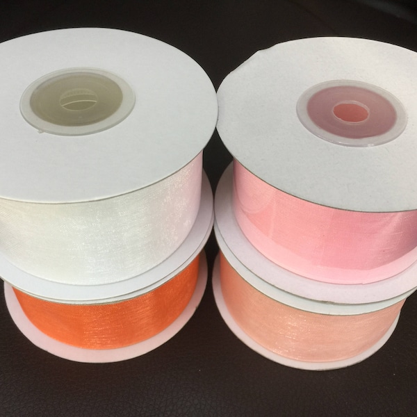 Sheer Organza Ribbon for Wedding, Baptism, Crafting, Tags, Party Favor, Sewing, 1-1/2" inch, 25 yards Spool Pink, White, Orange or Peach