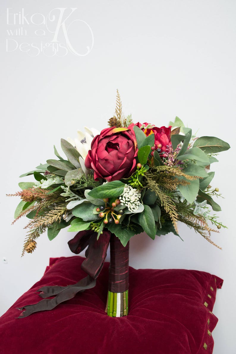 Red Winter or Christmas Wedding Bridal Bouquet Protea