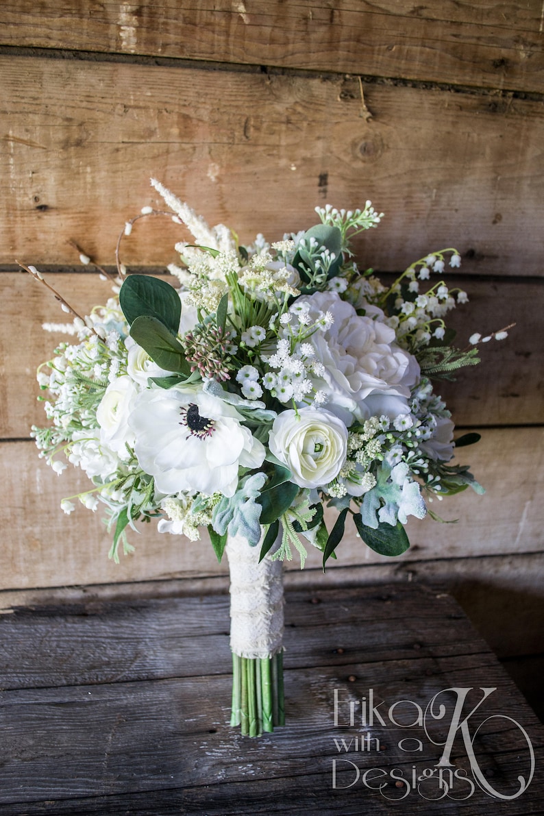 Bridal Bouquet Spring White Anemone Rose Baby's Breath | Etsy