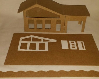 Little Village Houses- DIY Cardboard Putz  Style House-  Mid-Cenury Modern House #2