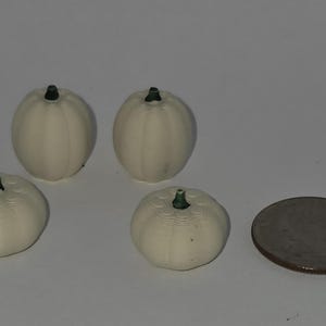 Puede incluir: Cuatro pequeñas decoraciones de calabaza blanquecinas con tallos verdes están dispuestas sobre una superficie blanca. Una moneda está al lado de las calabazas para comparar el tamaño. Las calabazas tienen una textura acanalada.