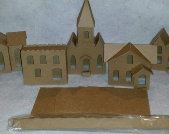 Vintage Cardboard Putz Houses -  Vintage Set of 6 Houses & 1 Church