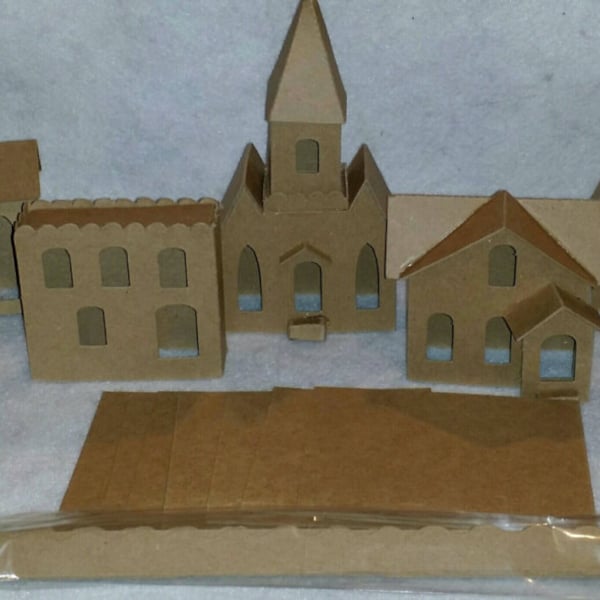 Vintage Cardboard Putz Houses -  Vintage Set of 6 Houses & 1 Church