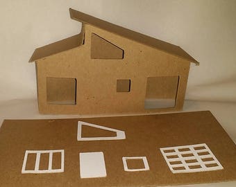 Little Village Houses- DIY Cardboard Putz  Style House-  Mid-Cenury Modern House #4