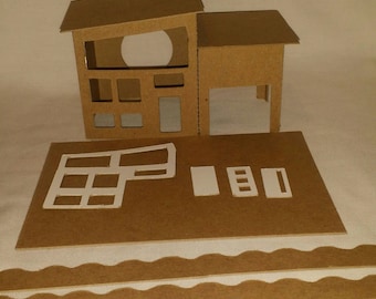 Little Village Houses- DIY Cardboard Putz  Style House-  Mid-Cenury Modern House #1