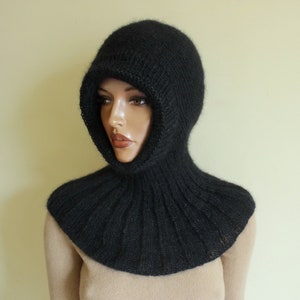 Fluffy black knitted balaclava, Hand knit hood, Knitted hood, Luxury yarn, Turtleneck hood,  Mohair + silk.  Size 22 - 23 inch FREE SHIPPING