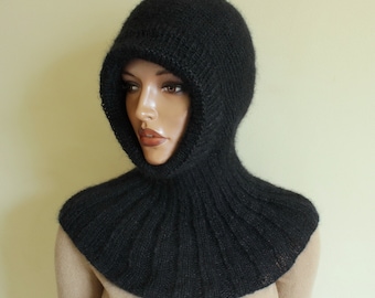 Fluffy black knitted balaclava, hand knit hood, knitted hood, Luxury yarn, turtleneck hood,  Mohair + silk.  Size 22 - 23 inch FREE SHIPPING