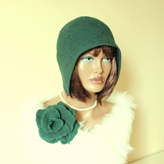 Dark Green Hat // Silk Wool Cap // Size 23 Inches // Felted Hat // Felt