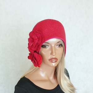 Red hat  Felted hat  Red felt hat   Red hat with 3 red flowers  Elegant hat felt hat  Silk wool felted hat FREE SHIPPING
