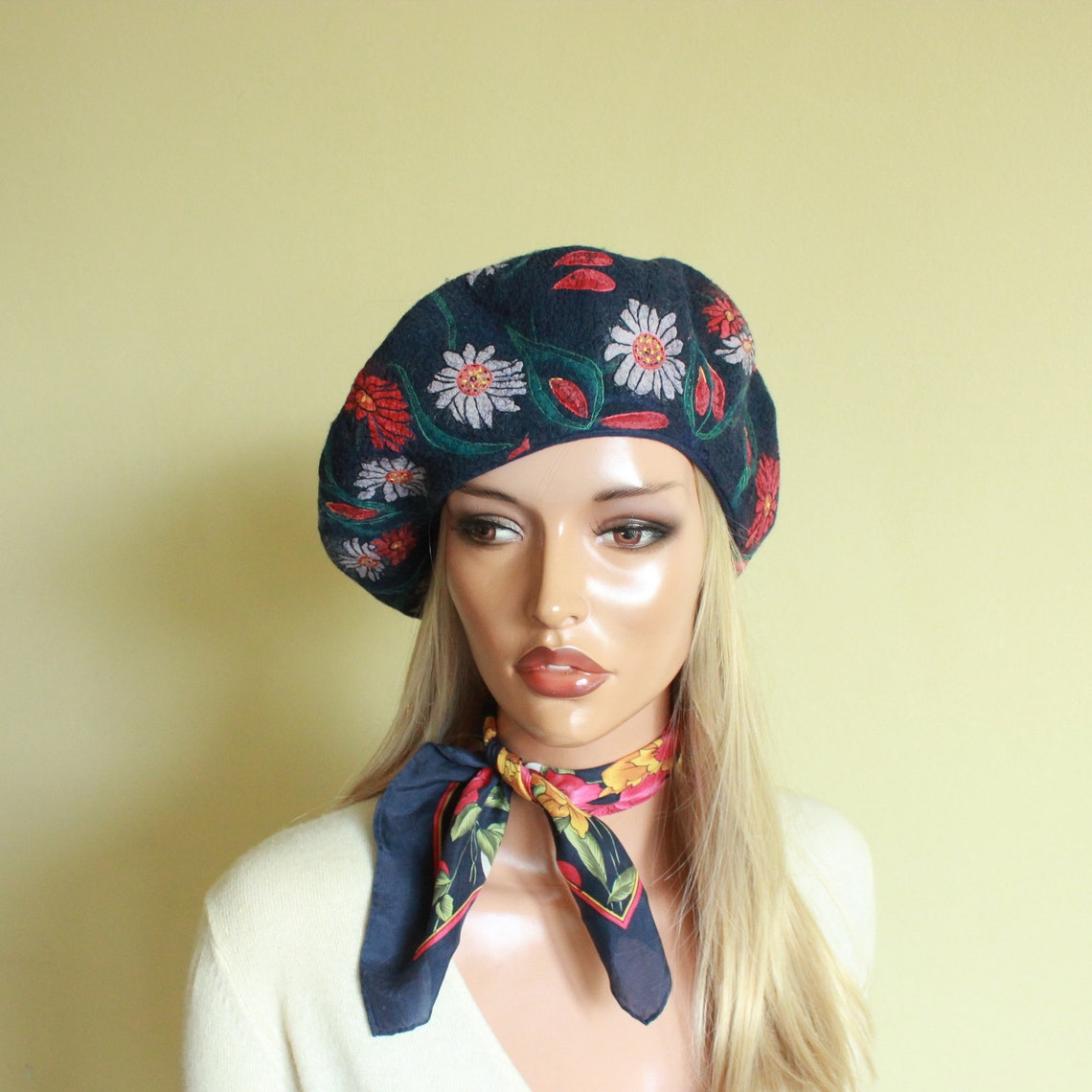 Beret With Flowers // Navy Blue Beret // Silk Wool Beret // Etsy