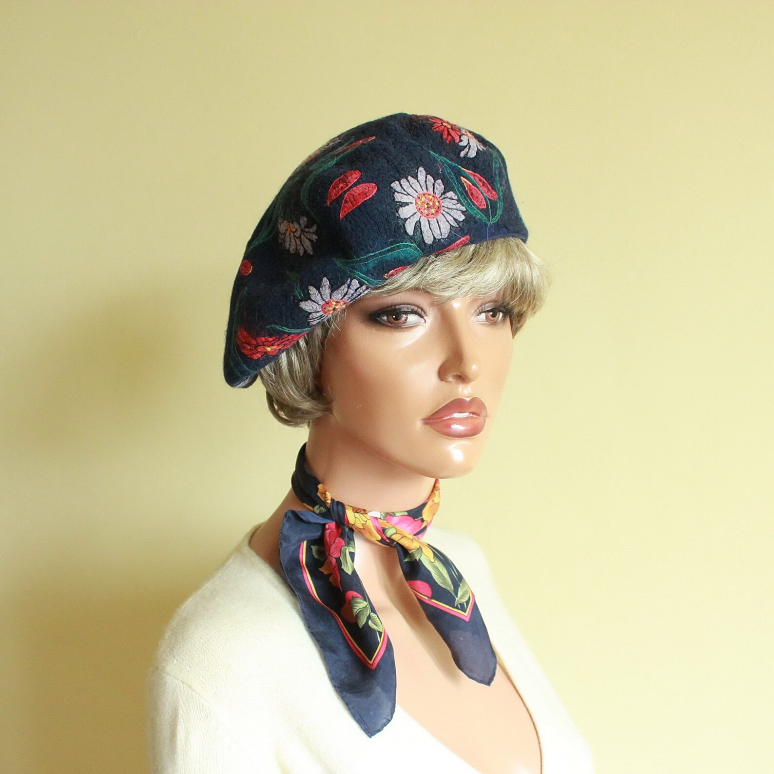 Beret With Flowers // Navy Blue Beret // Silk Wool Beret // Etsy