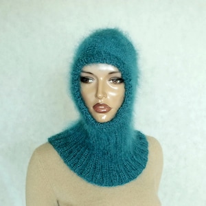 Turquoise color hand knitted balaclava . Knitted hood. Fluffy balaclava. Mohair balaclava . Warm winter hood. Wool, mohair hood  Blue green