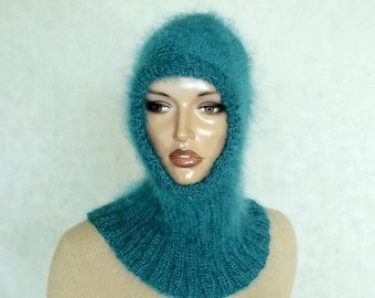 Turquoise color hand knitted balaclava / knitted hood / Fluffy balaclava / Warm winter hood / wool, acrylic, mohair hood / FREE SHIPPING
