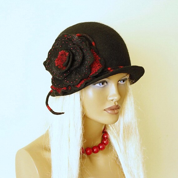 Elegant Black Hat. Cloche With Flower. Designer Headgear  display picture 2