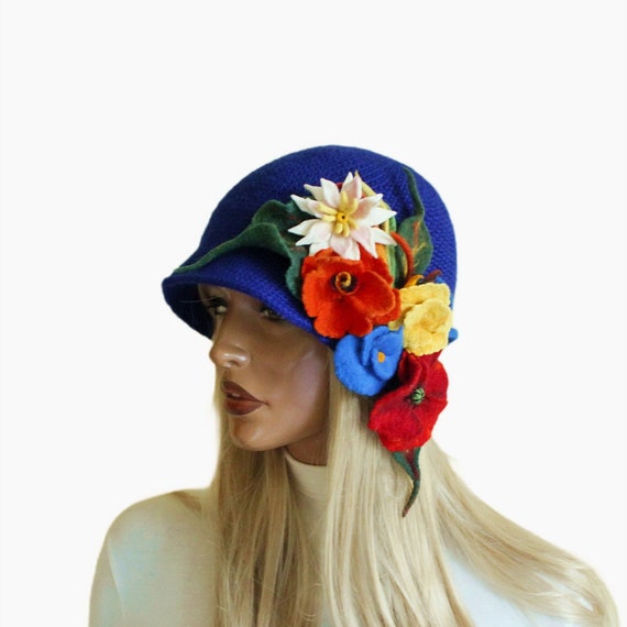 Blue Crochet Hat With Flowers. Royal Blue Cap. Crocheted  display picture 2