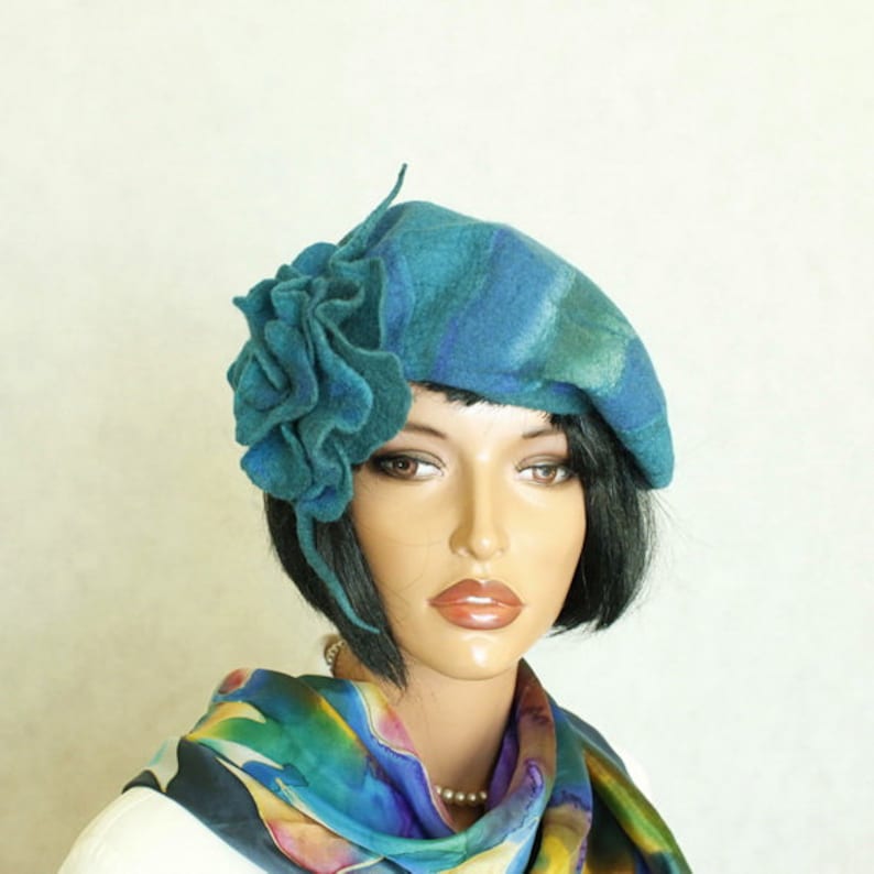 Beret Blue Green , Beret Felted / French Beret / Silk Wool Beret