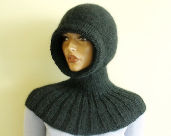 Fluffy Black Knitted Balaclava, Hand Knit Hood, Mohair