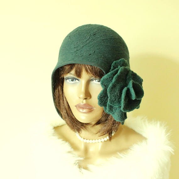 Dark Green Hat // Silk Wool Cap // Size 23 Inches // Felted Etsy