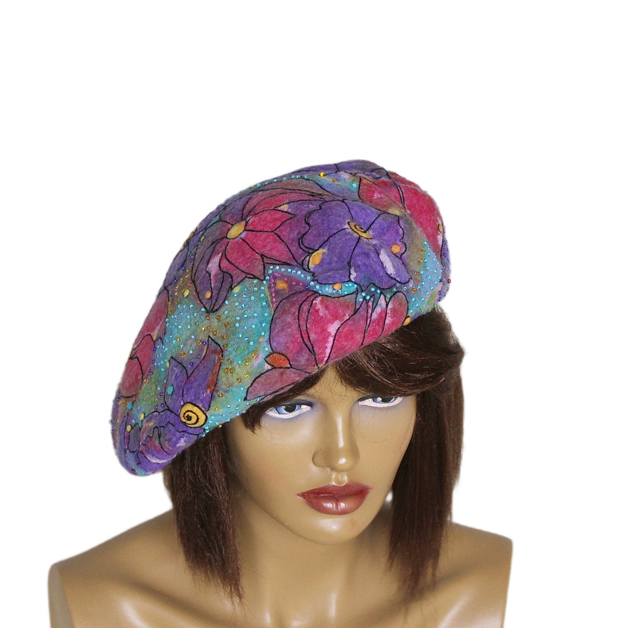 Floral Beret Pink Purple Flowers on Beret Colorful Beret  display picture 1