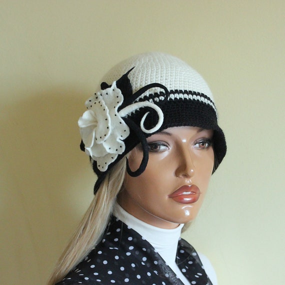 Black White Crochet Hat With Flower White Black Hat  display picture 1
