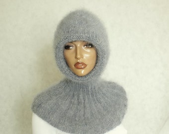 Gray knitted balaclava,  knitted hood , Grey balaclava /  turtleneck with hood / Fluffy soft balaclava / Silk,  mohair /   FREE SHIPPING