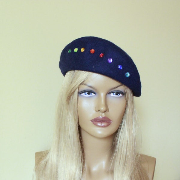 Dark navy blue beret with rainbow motif //Navy blue beret // french style / Designer beret // Size 22in /Paris beret boho /Parisian beret