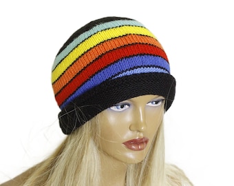 Rainbow and black hat Knitted rainbow hat, Hand knitted hat Rainbow  beanie hat Rainbow motif, Colorful cap, Acrylic yarn. Multicolor cap.