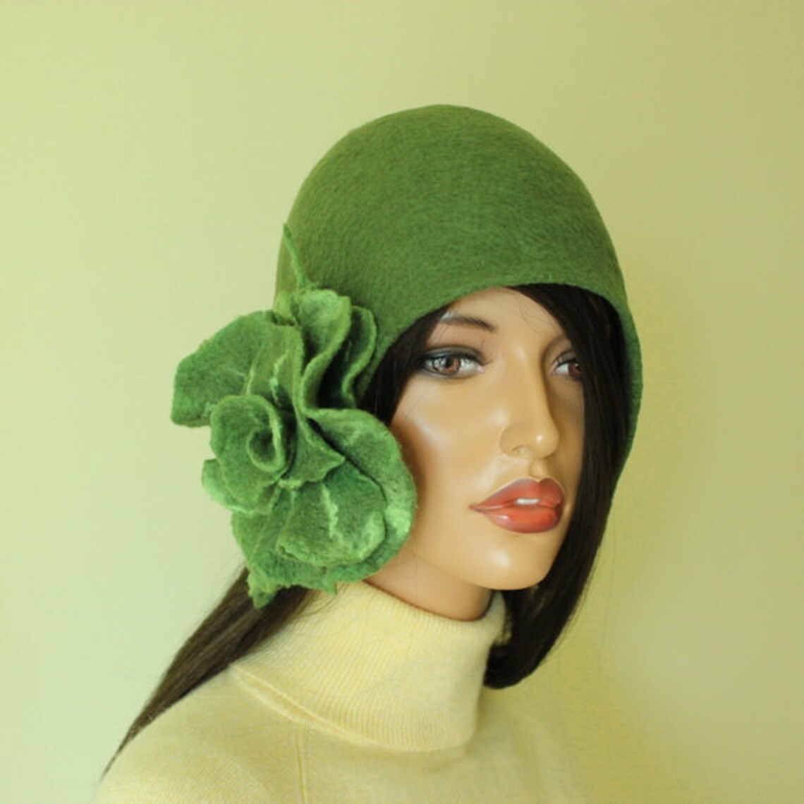 Avocado color hat Green hat Felted hat with brooch cap Felt | Etsy