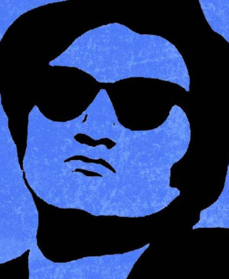 May include: A stylized pop art portrait of a person wearing sunglasses. The image features a blue background with a textured effect, and the face and sunglasses are rendered in solid black, creating a striking contrast.
