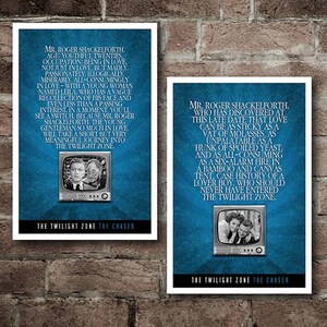 May include: Two framed posters with text from "The Twilight Zone" episode "The Chaser." Each poster features a vintage television set with black and white images. The background is a textured blue.