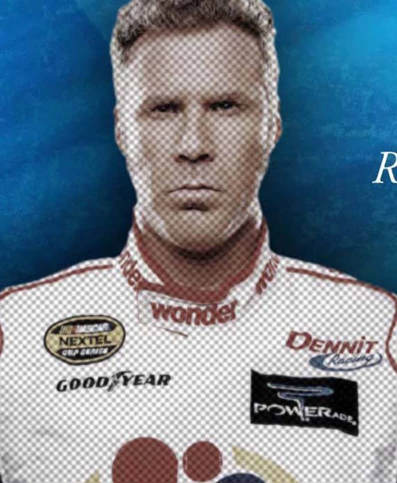 May include: Portrait of a man wearing a white racing uniform with red accents. The uniform features logos for "Wonder", "Goodyear", "Powerade", and "Dennit Racing". The background is a gradient of blue.