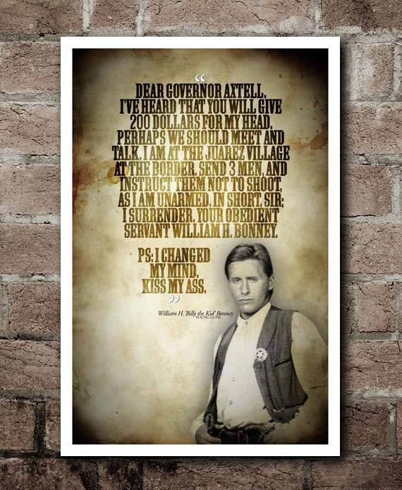 Young Guns Dear Governor Axtell Billy The Kid Etsy
