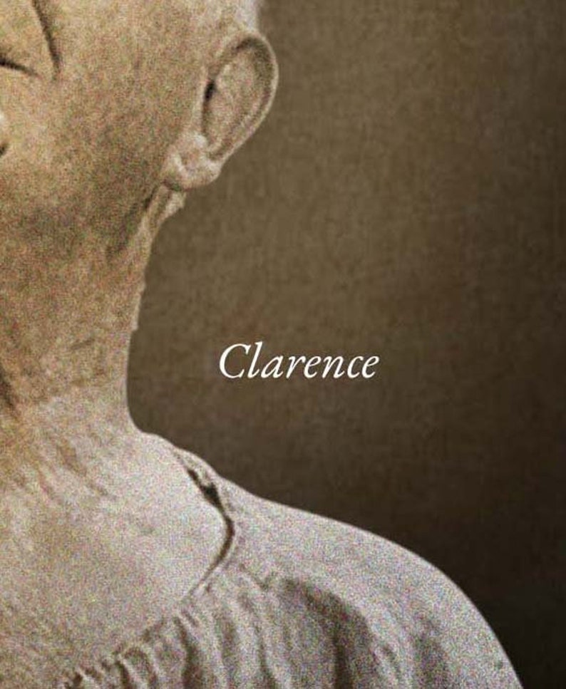May include: A sepia-toned image featuring a portion of a person's head and shoulder. The text "Clarence" is written in a cursive font. The person is wearing a light-colored garment.