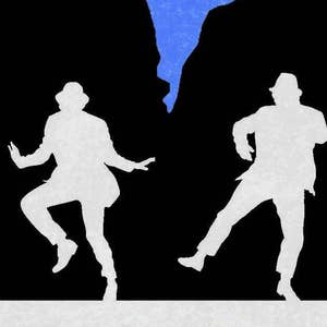 May include: A poster with a black background features white silhouettes of two dancing figures wearing hats and suits. A blue shape is in the upper portion of the poster. The text "DAN AYKROYD" is at the bottom in blue.