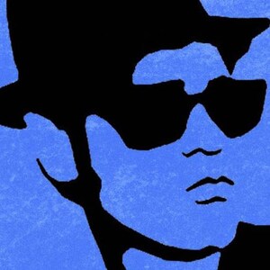 May include: A stylized graphic portrait of a person wearing a black hat and sunglasses against a blue background. The image is a close-up, focusing on the face and upper body.