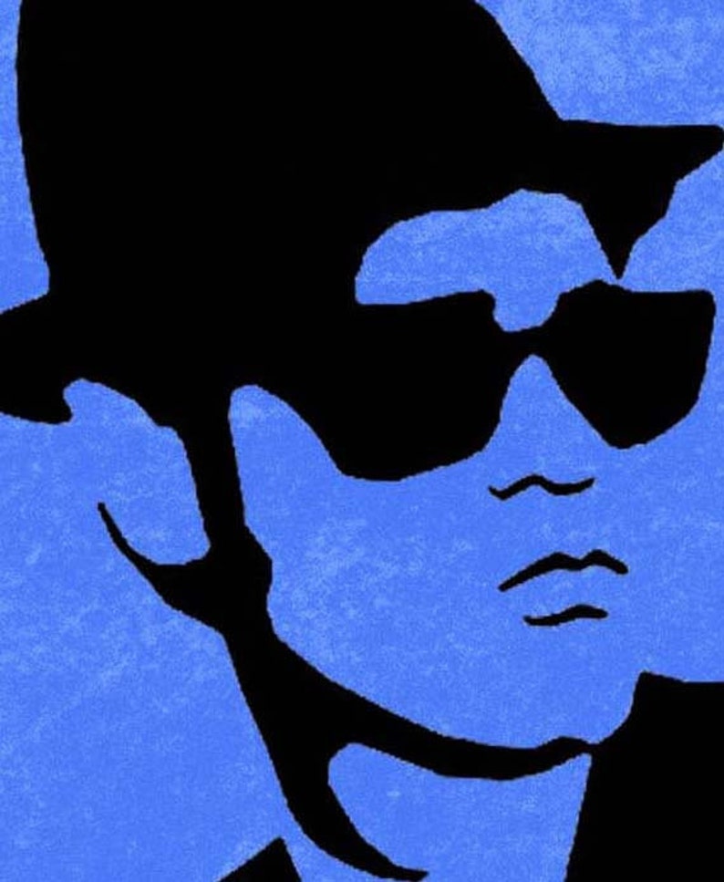 May include: A stylized graphic portrait of a person wearing a black hat and sunglasses against a blue background. The image is a close-up, focusing on the face and upper body.